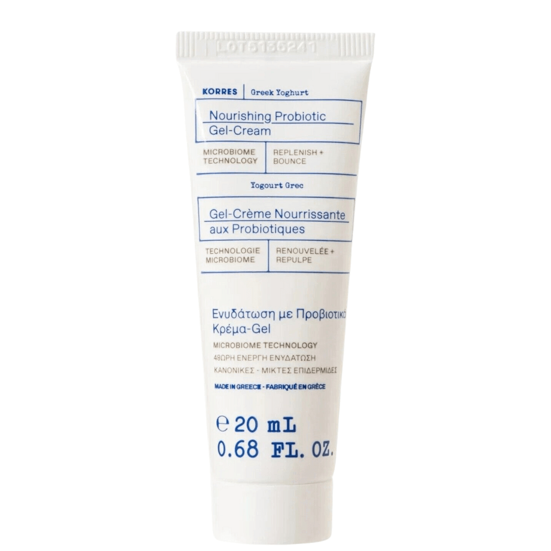 KORRES Greek Yoghurt Nourishing Probiotic Gel-Cream 20ml tube for hydration and skincare.