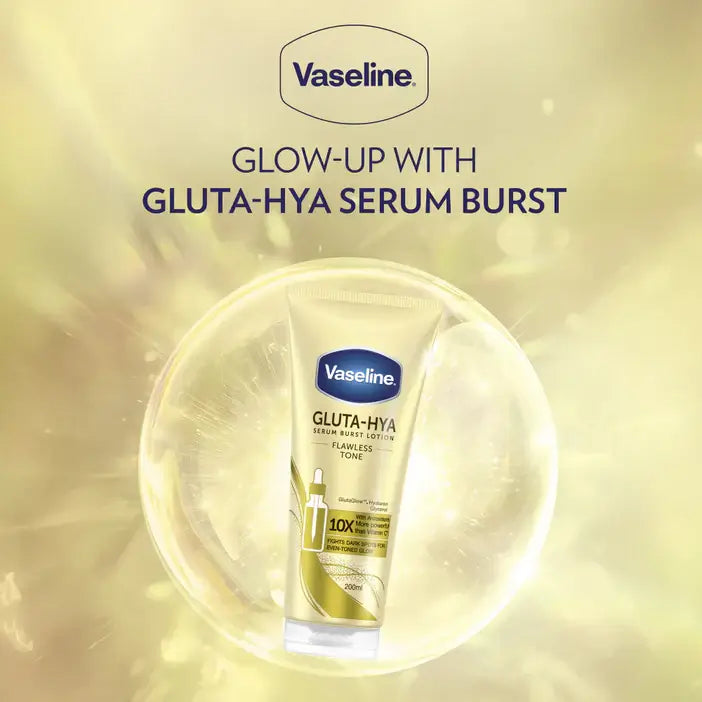 Vaseline Gluta-Hya Serum Burst lotion on a gold background with Vaseline logo.