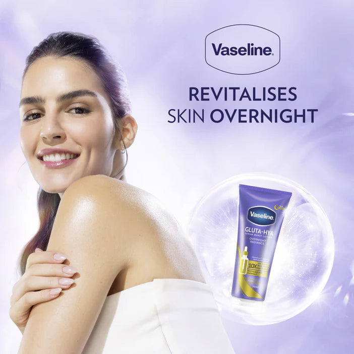 Vaseline advertisement with a woman showing her smooth skin and a tube of Vaseline Gluta-Hydra.