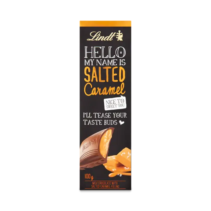 Lindt HELLO Salted Caramel Bar 100g packaging, featuring smooth chocolate and sweet caramel text design.