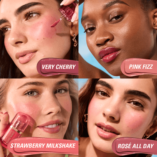 Four shades of Revolution Superdewy Liquid Blush Burst: Very Cherry, Pink Fizz, Strawberry Milkshake, and Rosé All Day on diverse models.