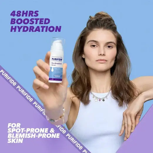 Acnecide PURIFIDE Post-Breakout Serum 30ml for spot-prone skin, offering 48hrs of boosted hydration.