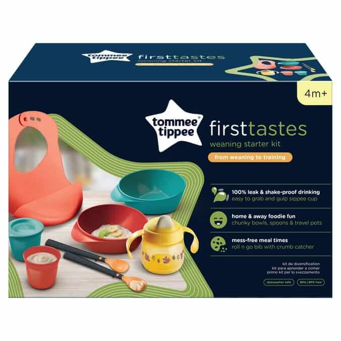 Tommee Tippee Hello Food Weaning Starter Kit for babies 4m+, featuring mess-free meal tools and fun colors.
