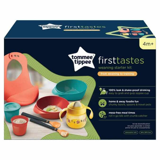 Tommee Tippee Hello Food Weaning Starter Kit for babies 4m+, featuring mess-free meal tools and fun colors.