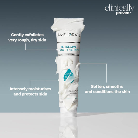 AMELIORATE Intensive Foot Therapy tube showcasing benefits: exfoliation, moisturization, and skin conditioning.
