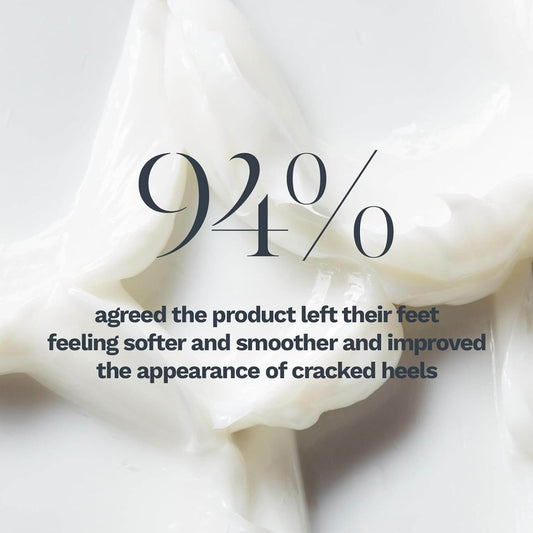 Close-up of AMELIORATE Intensive Foot Treatment showing creamy texture with text indicating 94% satisfaction rate.