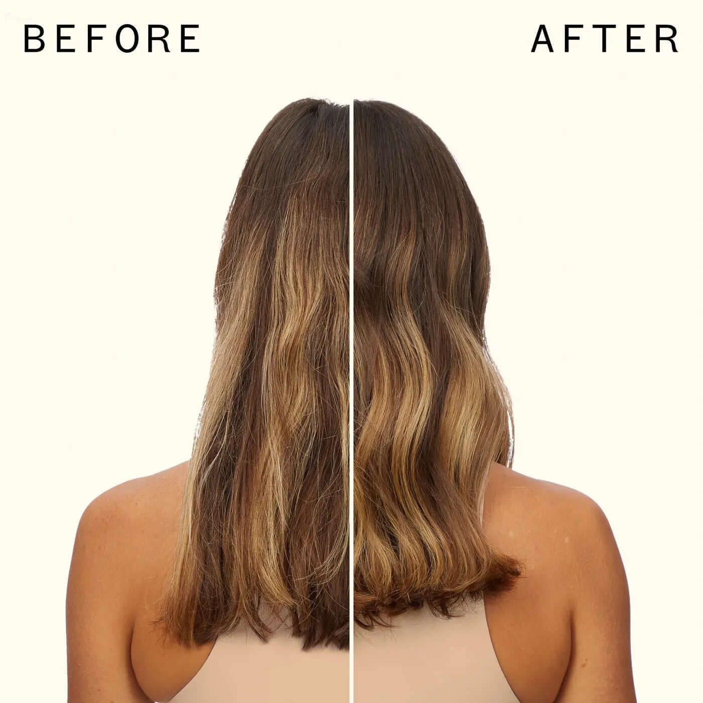 Before and after using Amika Blockade Heat Defense Serum showcasing smoother, healthier hair.