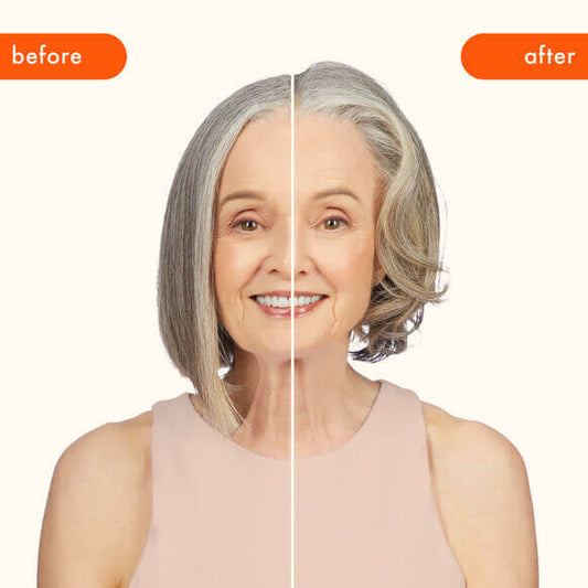 Before and after transformation of a woman showcasing the effects of the Amika Blowout Babe Thermal Brush.