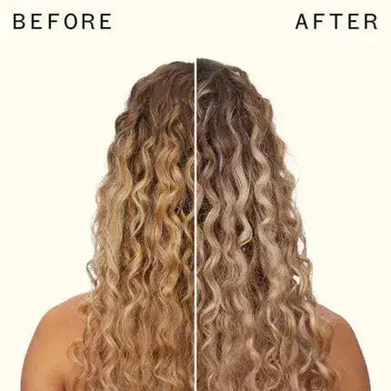 Before and after results of using Amika Bust Your Brass Cool Blonde Intense Repair Hair Mask on curly hair.