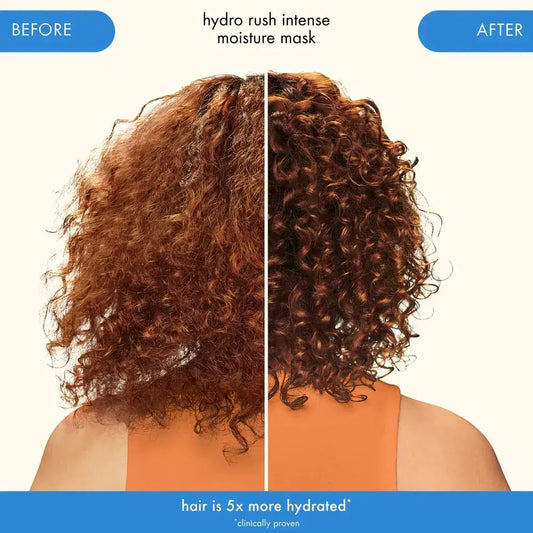 Before and after results of Amika Hydro Rush Intense Moisture Mask, showcasing 5x hydrated curls.