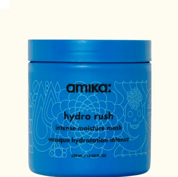 Amika Hydro Rush Intense Moisture Mask jar for deep hydration and soft, manageable hair.