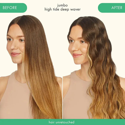 Before and after results showcasing Amika Jumbo High Tide Deep Waver creating beachy waves on hair.