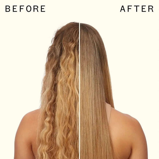 Before and after using Amika Polished Perfection Straightening Brush, showing curly hair transformed into straight, sleek hair.