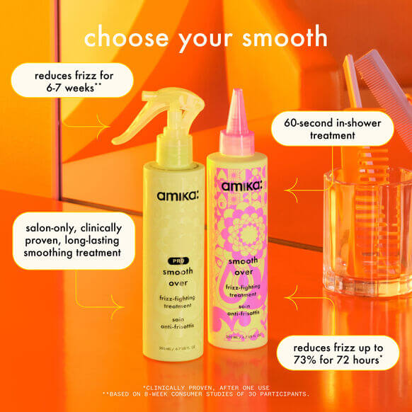 Amika Smooth Over frizz-fighting treatment products, reducing frizz for 6-7 weeks and offering a 60-second in-shower solution.