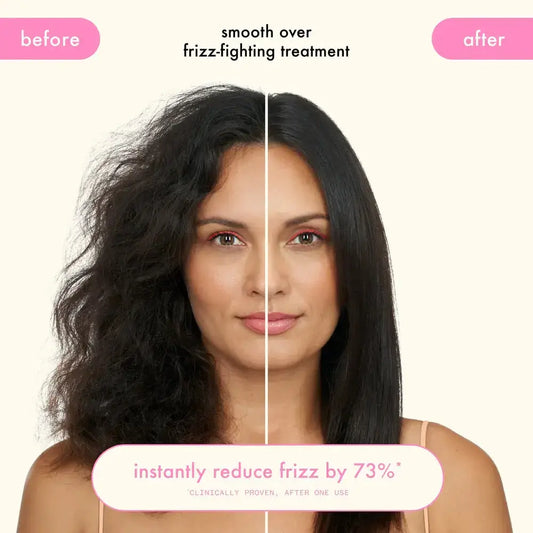 Before and after results of Amika Smooth Over Frizz-Fighting Treatment, showing significant frizz reduction.