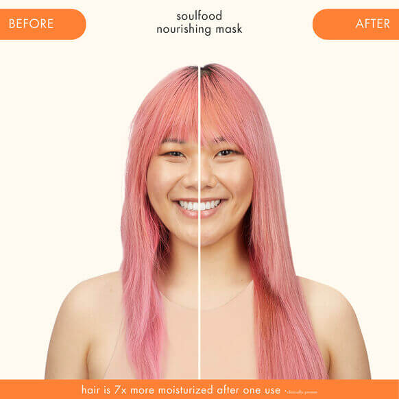 Before and after photo showing the Amika Soulfood Nourishing Mask results on revitalized, silky hair.