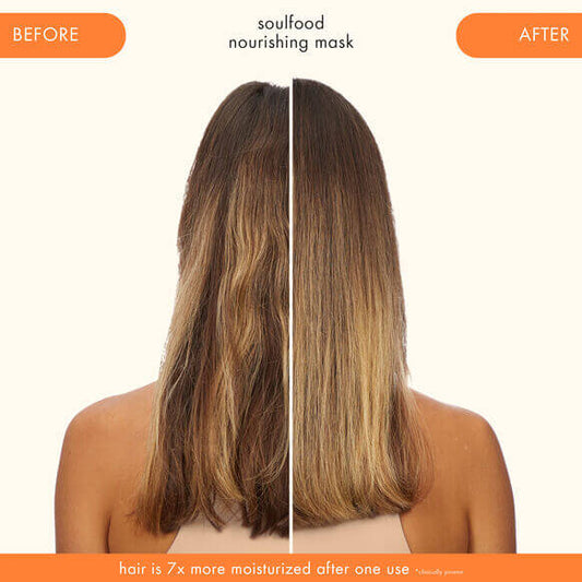 Before and after image showcasing the results of Amika Soulfood Nourishing Mask on dry hair.