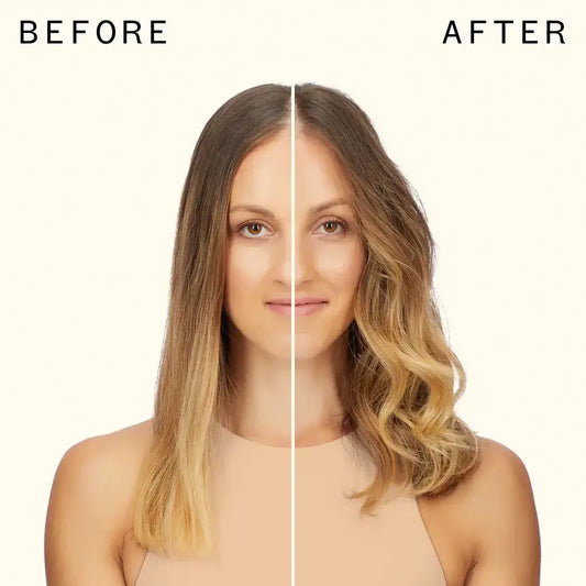 Before and after hair transformation showcasing the Amika The Chameleon Curling Kit results.