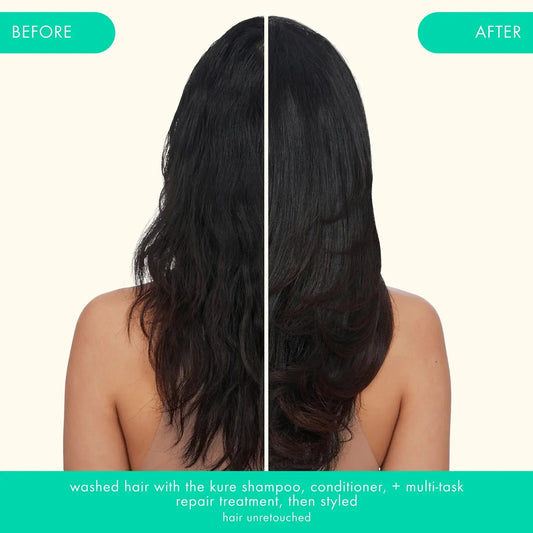 Before and after image showing hair transformed using Amika The Kure Multi-Task Repair Treatment.