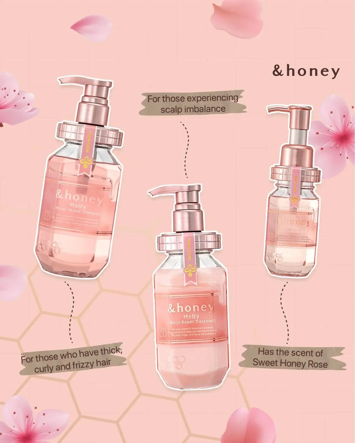 Three bottles of &honey hair care products on a pink background with floral elements.