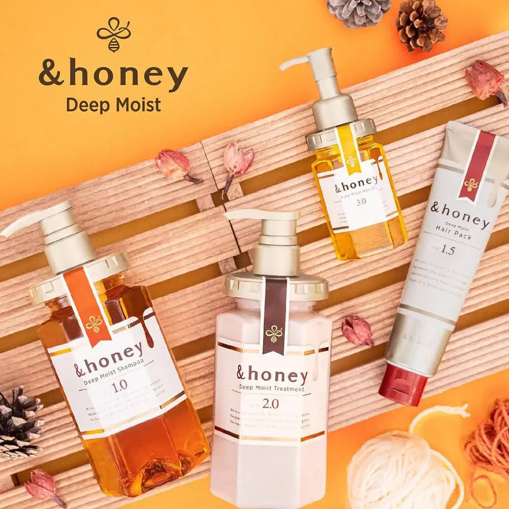 &honey -themed skincare products on a wooden surface with decorative elements.