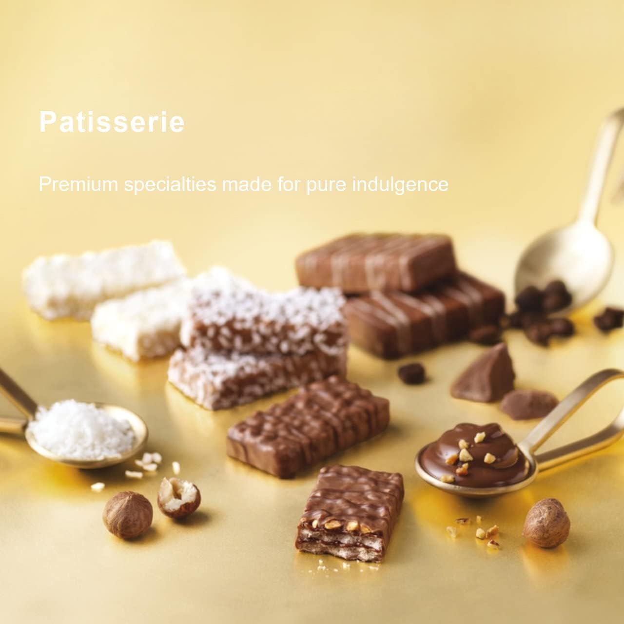 Assorted Loacker patisserie wafers on a golden background, showcasing indulgent chocolate and hazelnut treats.