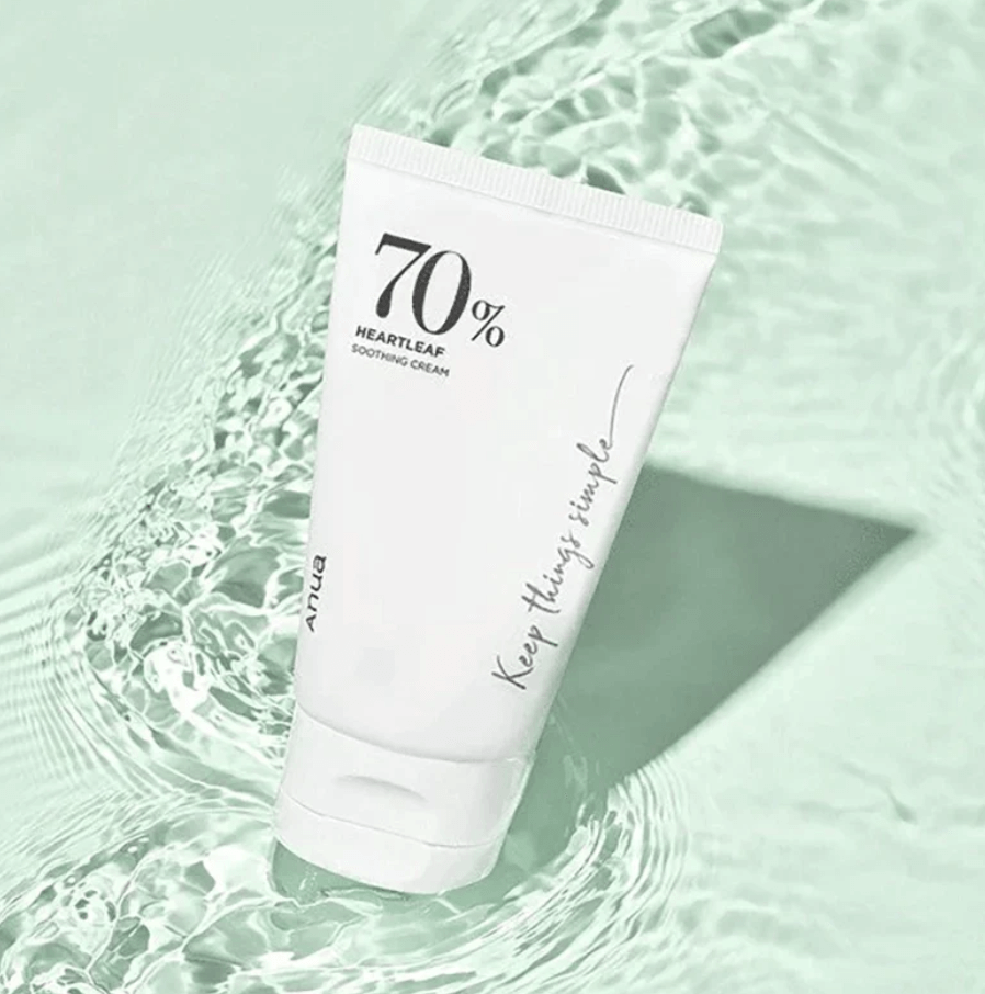 Anua Heartleaf 70% Soothing Cream tube in water, ideal for sensitive skin hydration and comfort.