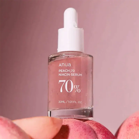 Anua Peach 70% Niacinamide Serum 30ml bottle, designed for brightening and hydrating skin for a radiant complexion.