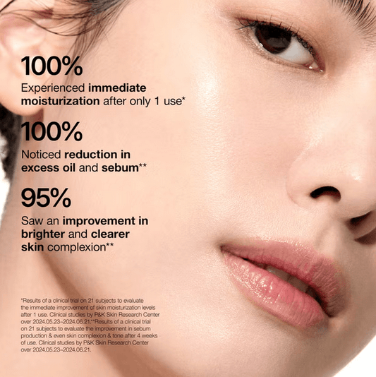 Close-up of glowing skin with statistics on the benefits of Anua Rice 70 Glow Milky Toner for hydration and complexion.