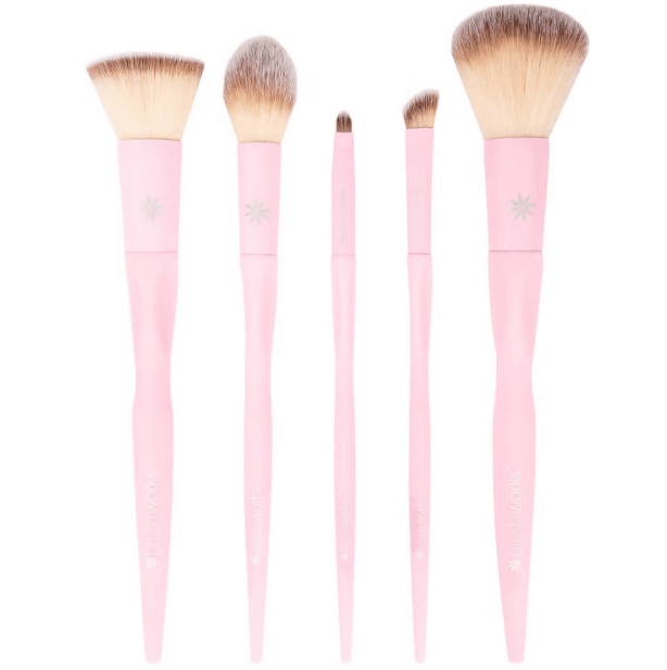 Brushworks HD Complete Face Set featuring six soft synthetic makeup brushes in pink for flawless application.