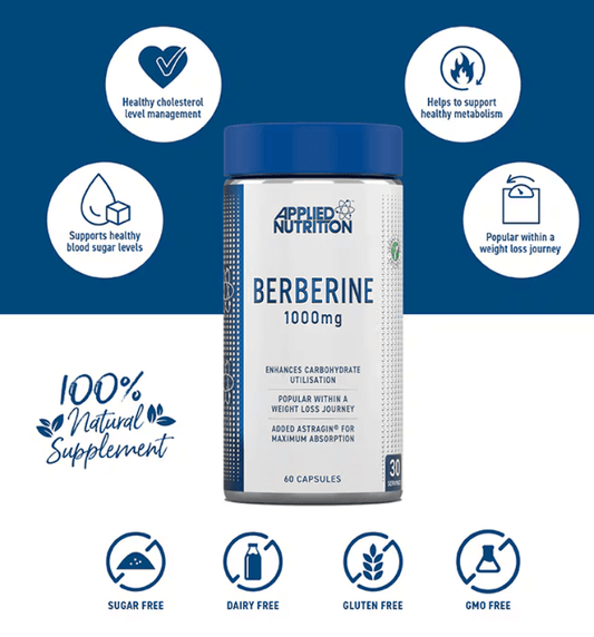 Applied Nutrition Berberine 1000mg supplement bottle with health benefits icons, 60 capsules for weight loss support.