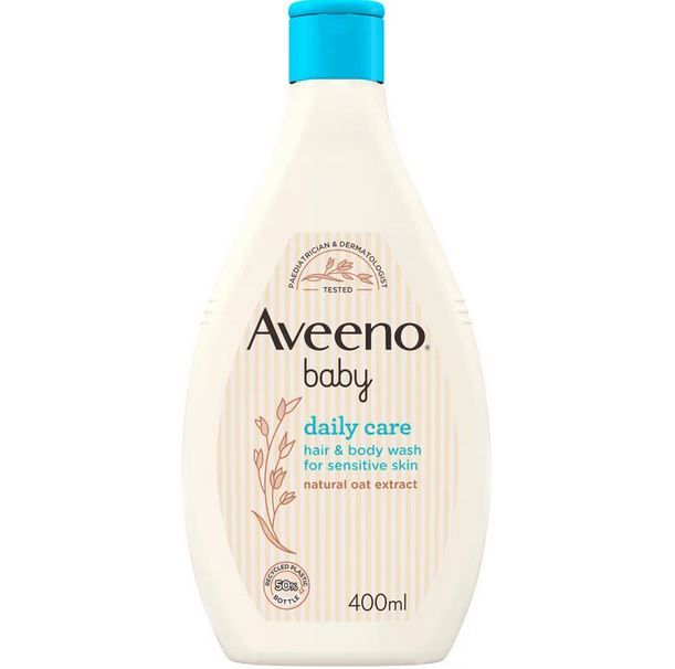 AVEENO® Baby Daily Care Hair and Body Wash for sensitive skin, enriched with natural oat extract, 400ml bottle.