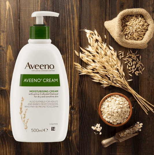AVEENO® Cream 500ml bottle with oats, designed for dry and sensitive skin, containing Colloidal Oatmeal.