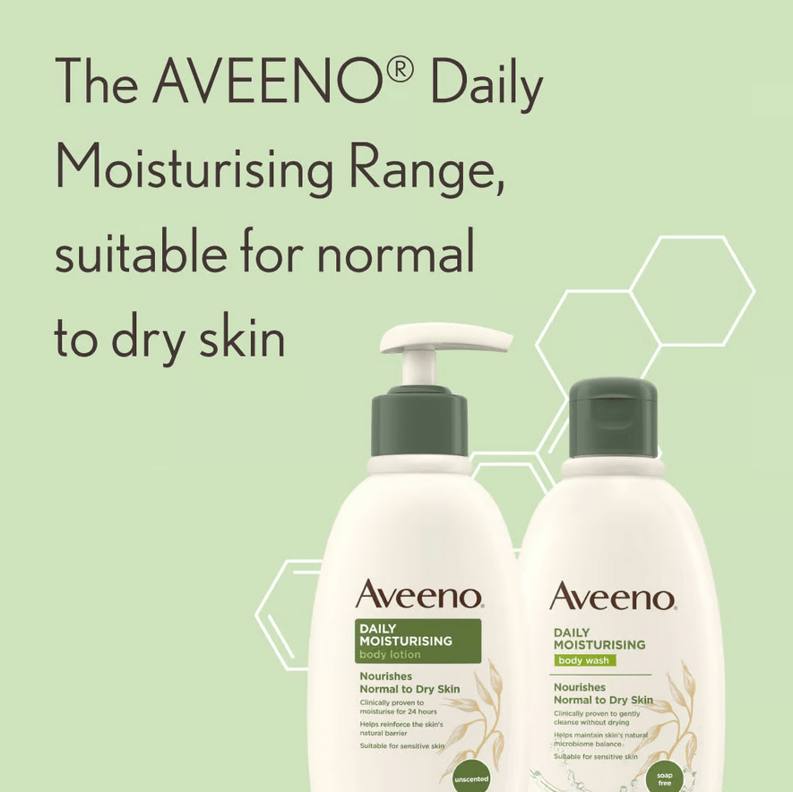 AVEENO® Daily Moisturising lotion and body wash, suitable for normal to dry skin, displayed on a green background.