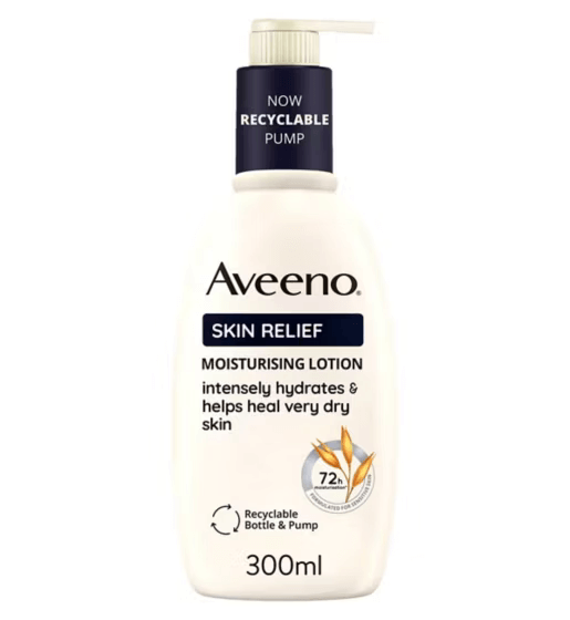 AVEENO® Skin Relief Lotion 300ml bottle, intensely hydrating for very dry skin, recyclable pump for sustainable skincare.