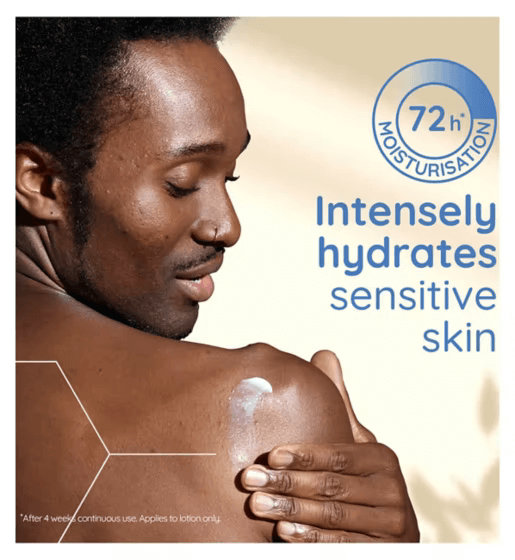 A man applying lotion on his shoulder, emphasizing 72 hour moisturization for sensitive skin.
