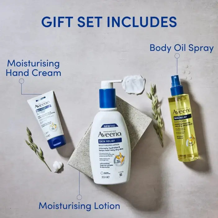 Aveeno Skin Relief Range 3 Piece Gift Set featuring moisturising hand cream, lotion, and body oil spray.