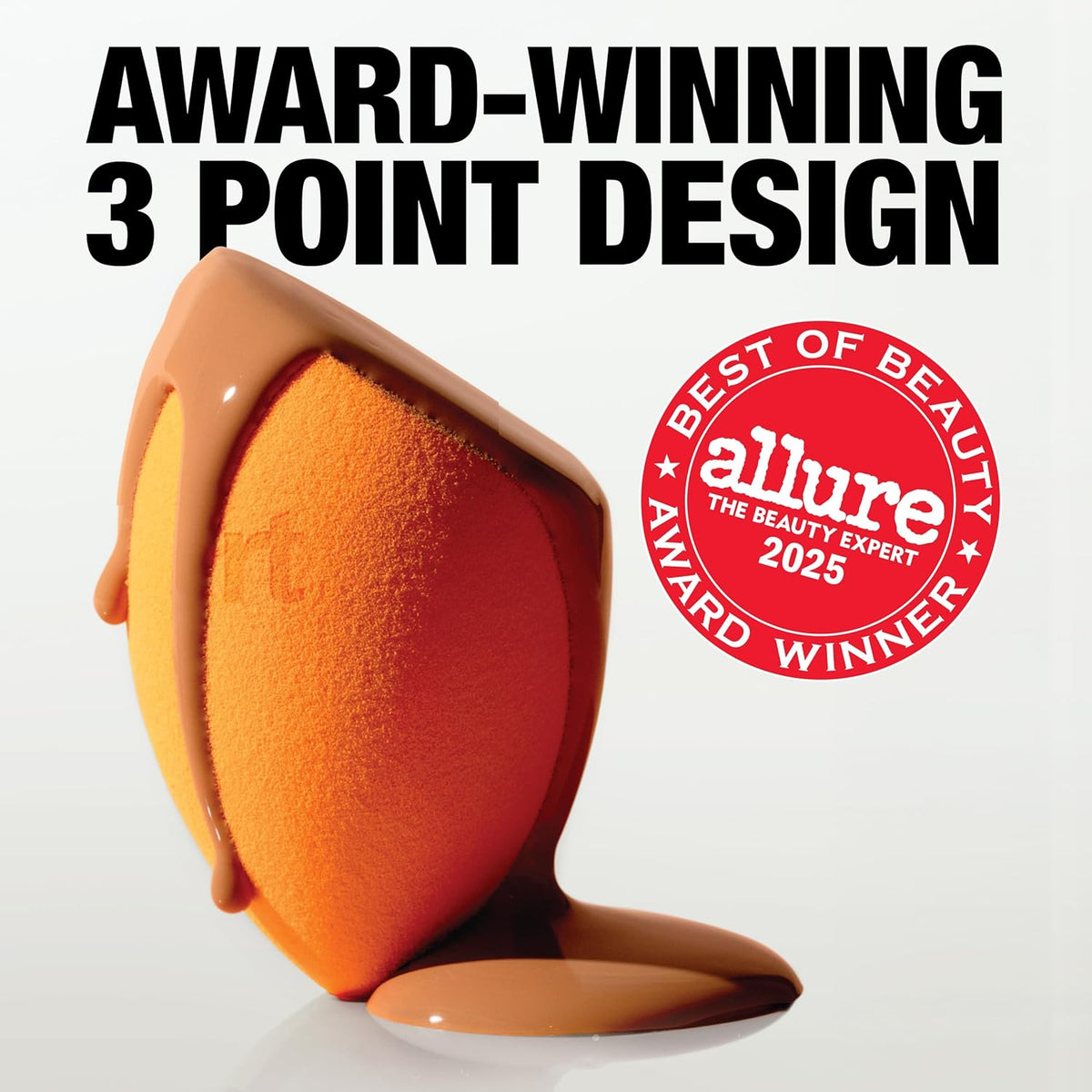 Real Techniques Orange makeup sponge with 'Allure' award badge on a white background