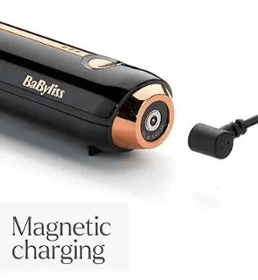BaByliss 9000 Cordless Waving Wand with magnetic charging feature for convenient styling.