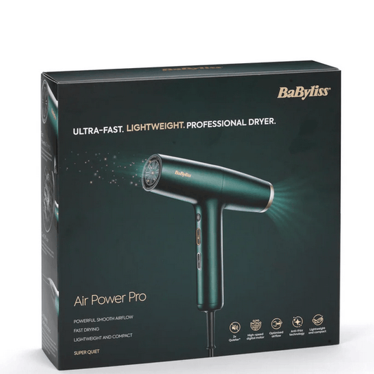 BaByliss Air Power Pro box showcasing lightweight, professional hair dryer with ultra-fast drying and smooth airflow features.