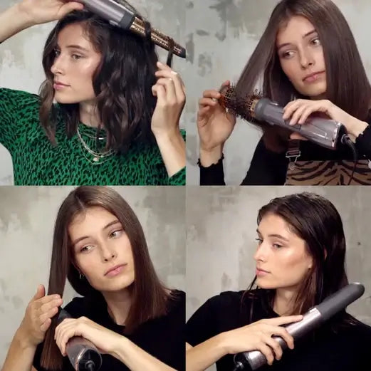 Collage of a woman using BaByliss Air Style 1000 for styling hair in different looks, including curls and sleek straight styles.