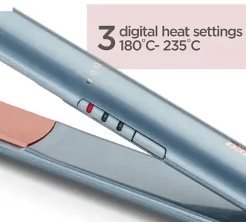 BaByliss Denim Luxe Hair Straightener with 3 digital heat settings from 180°C to 235°C for versatile styling.