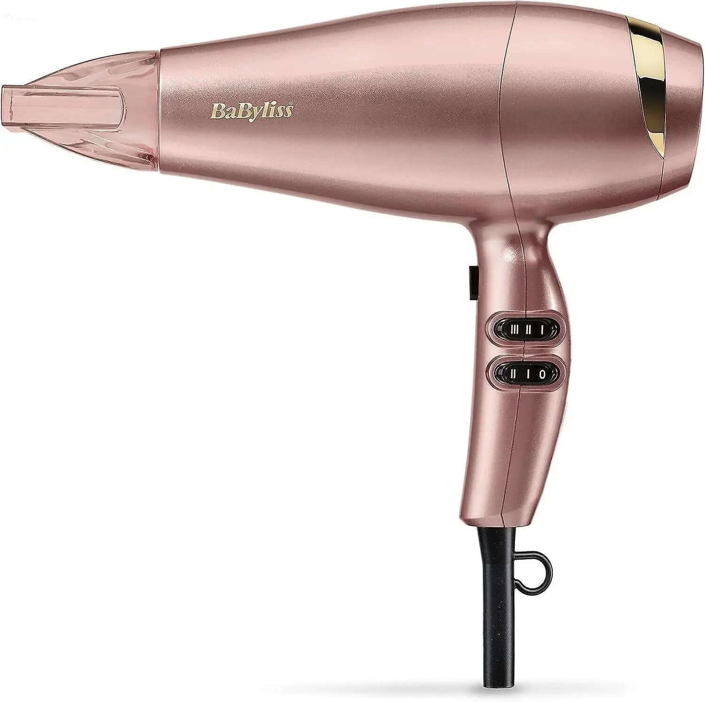 BaByliss Elegance 2100 Hair Dryer in rose gold color, featuring professional styling controls and sleek design.
