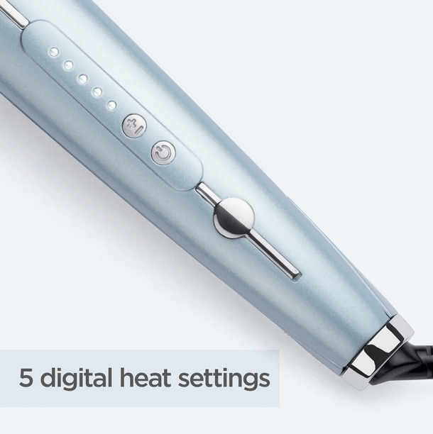 BaByliss Hydro-Fusion Hair Straightener controls with 5 digital heat settings for customizable styling.
