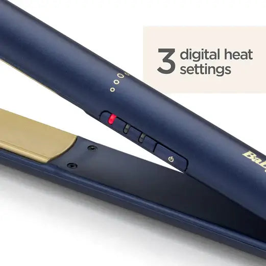 BaByliss Midnight Luxe 235 Straightener showing 3 digital heat settings for customizable styling options.