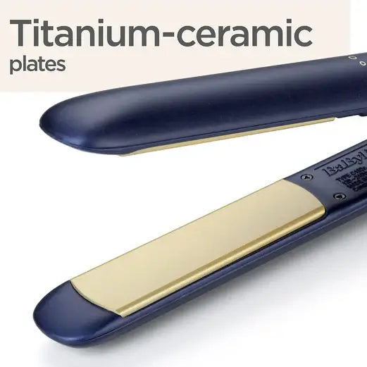 Close-up of the BaByliss Midnight Luxe 235 straightener with titanium-ceramic plates for smooth hair styling.