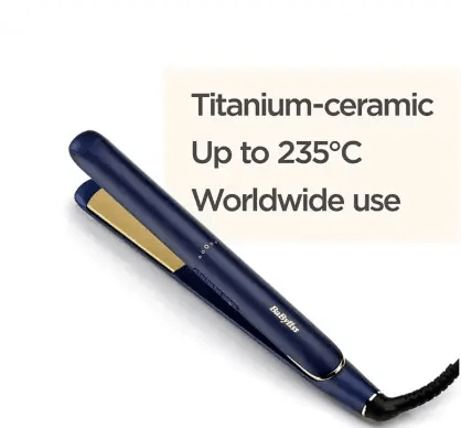 BaByliss Midnight Luxe 235 Straightener with titanium-ceramic plates, heats up to 235°C, suitable for worldwide use.