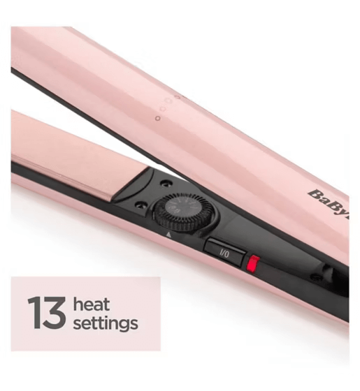 BaByliss Rose Blush 235 Hair Straightener close-up showing 13 heat settings and sleek design.