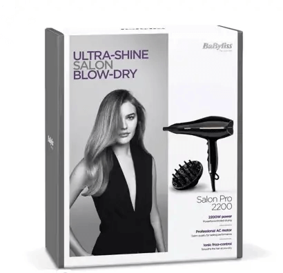 BaByliss Salon Pro 2200 Hair Dryer packaging with model, diffuser attachment, and text highlighting ultra-shine blow-dry features.