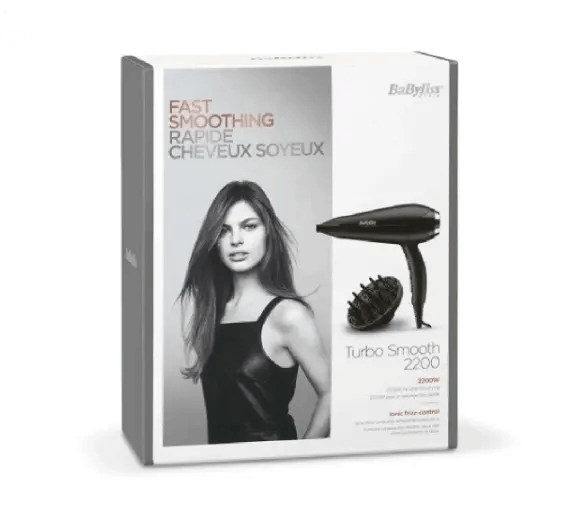 BaByliss Turbo Smooth 2200W Hair Dryer packaging, featuring model and accessories for fast, smooth drying.